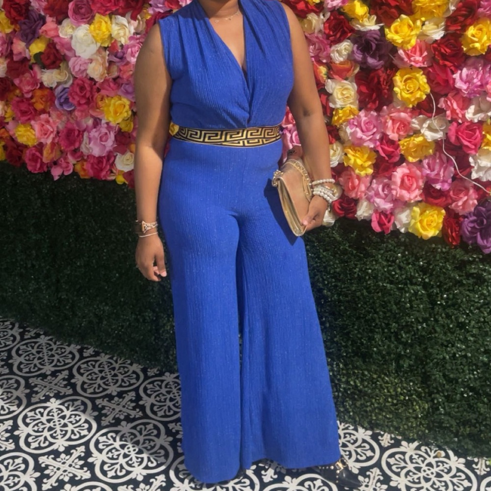 Royal Blue 2 Piece Pant Set with Gold Accents